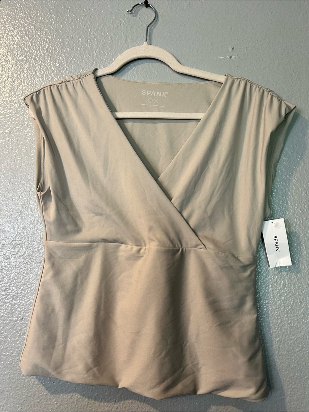 New With Tag Spanx AirEssential Faux Wrap Sleeveless Top. Champagne Beige. Large
